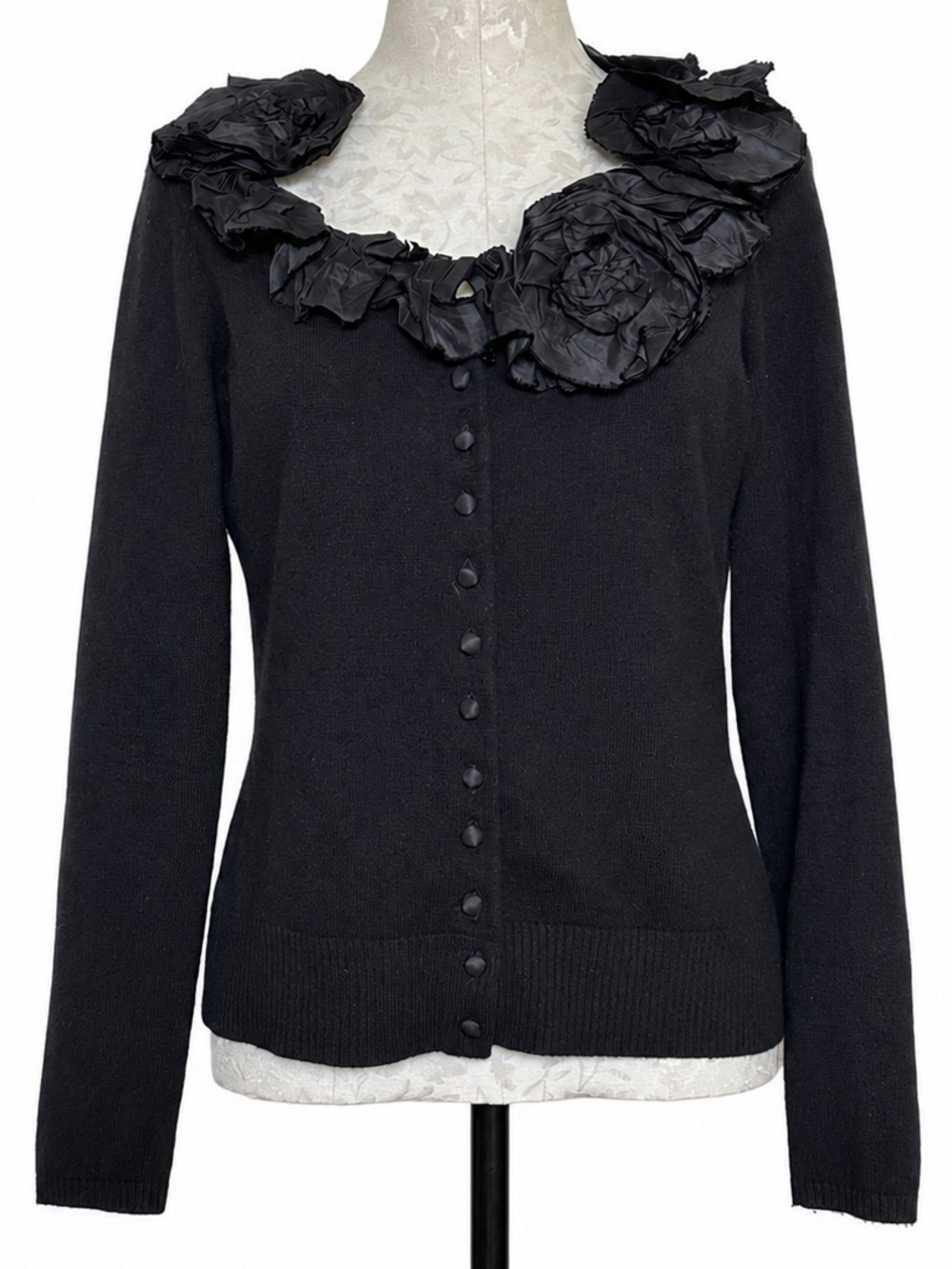 Teri Jon Black 100% Cashmere Cardigan Silk Rosette Trim Sweater Large